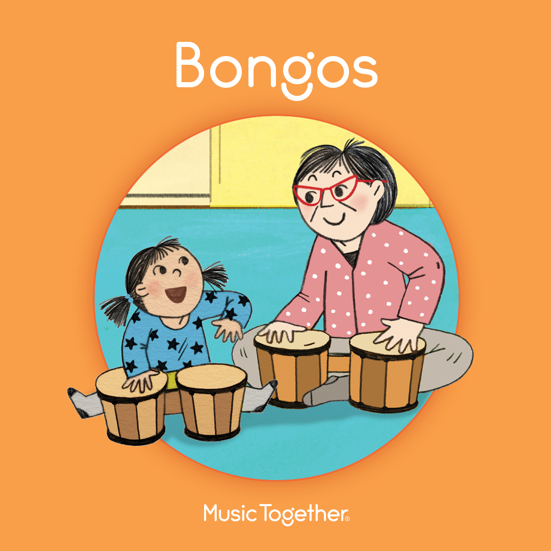 A child smiles and plays bongos with grandma.